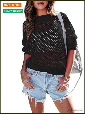 Crochet Crewneck Lightweight Hollow Out Long Sleeve Sexy Knit Sweater Pullover